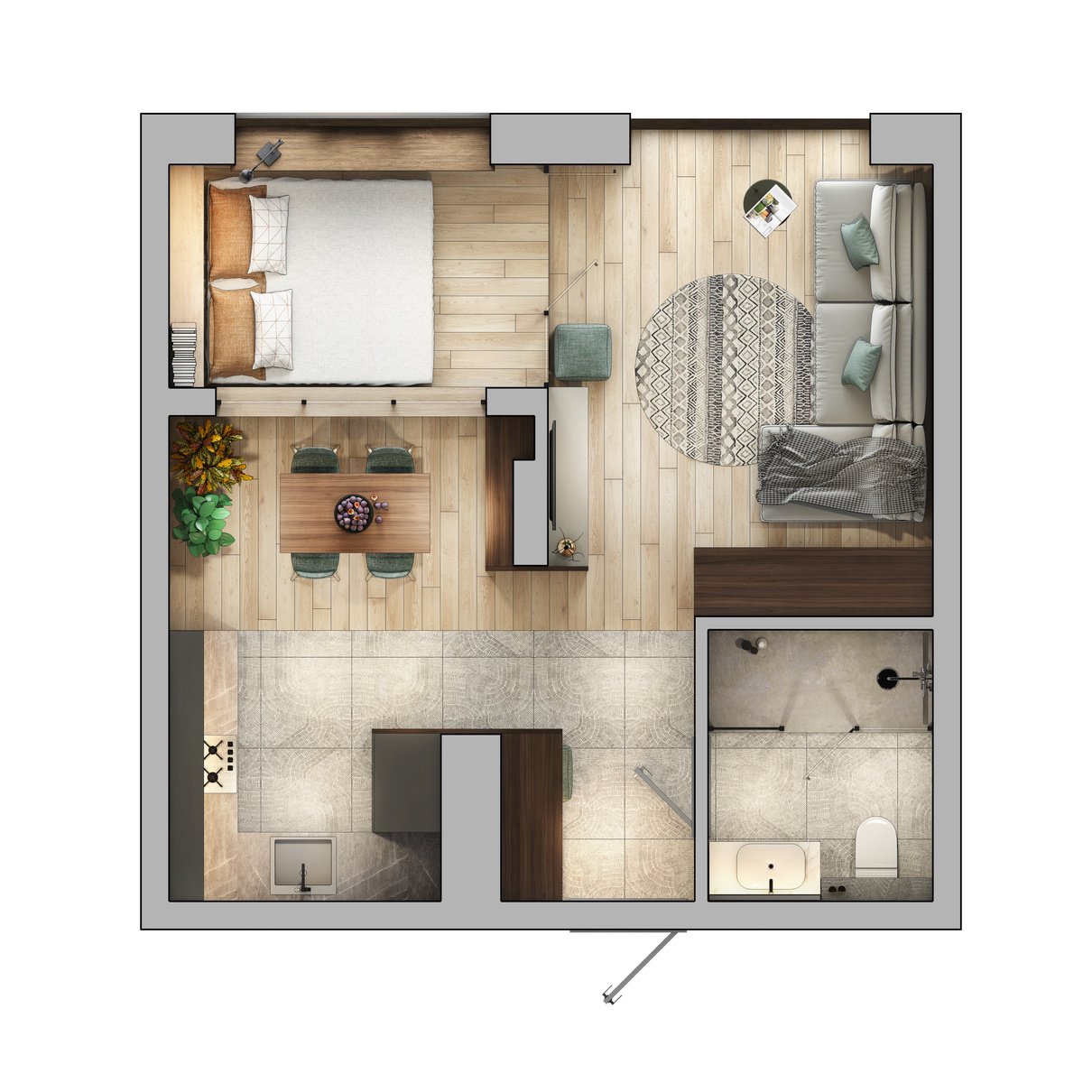 Small apartment with a spacious layout. Top view